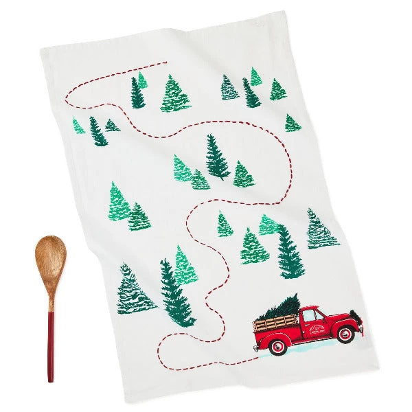 Hallmark Red Truck Christmas Tea Towel And Wooden Spoon, Set Of 2 3 Hallmark Red Truck Christmas Tea Towel And Wooden Spoon, Set Of 2